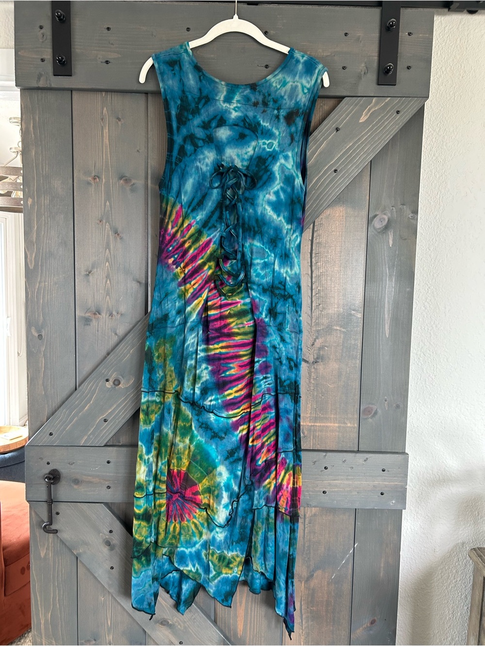 Jayli Teal Blue Tie-Dye Maxi Dress with Multicolor Accents - Picture 2 of 4